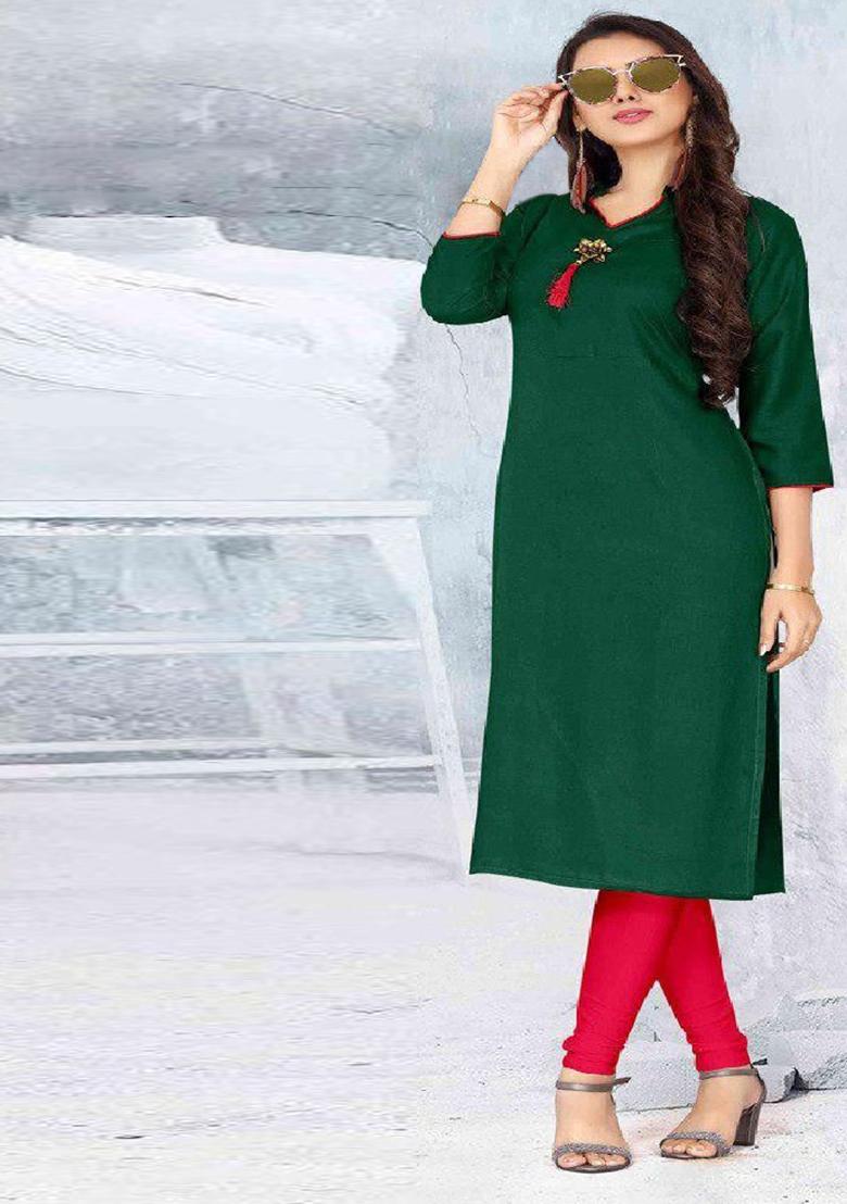Green Plain Rayon Anarkali Kurti