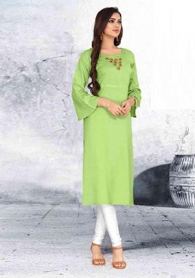 Parrot Green Plain Rayon Anarkali Kurti