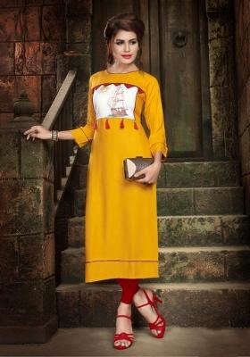 Yellow Printed  Rayon Anarkali Kurti