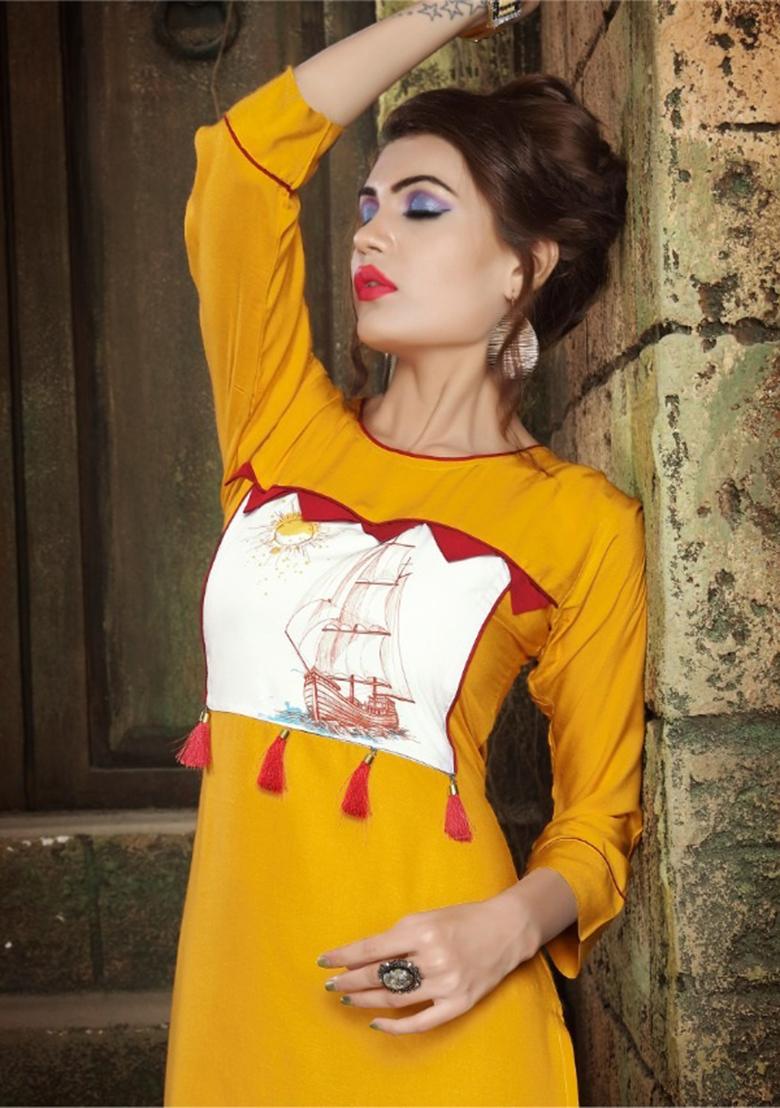 Yellow Printed  Rayon Anarkali Kurti