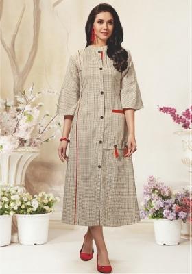 Cream Weaving Cotton Anarkali Kurti