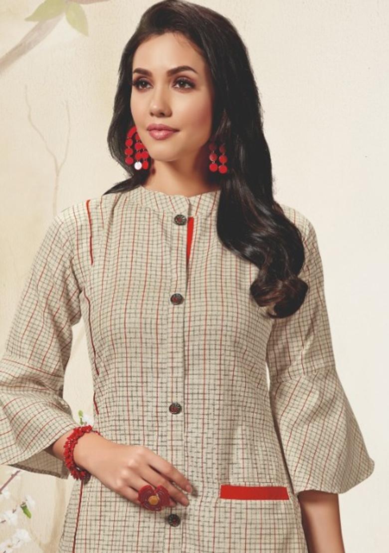 Cream Weaving Cotton Anarkali Kurti