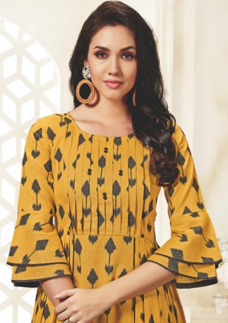 Yellow Weaving Cotton Anarkali Kurti