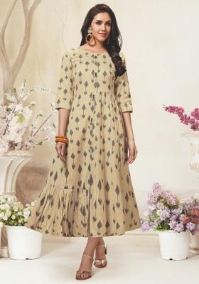 Cream Weaving Cotton Anarkali Kurti