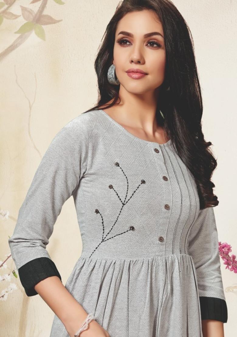 Grey Weaving Cotton Anarkali Kurti