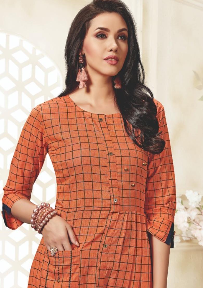 Orange Weaving Cotton Anarkali Kurti