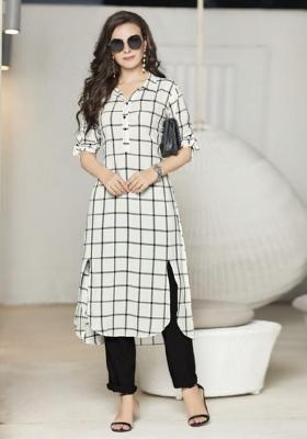 White Printed  Rayon Anarkali Kurti