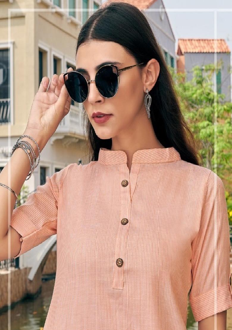 Peach Printed  Cotton Anarkali Kurti