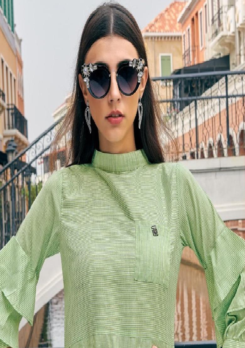 Green Printed  Cotton Anarkali Kurti