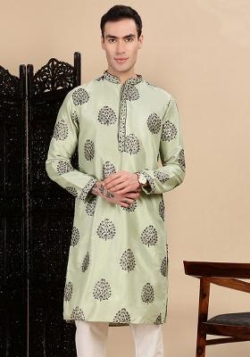 Green Sequins Polyster Kurta For Men
