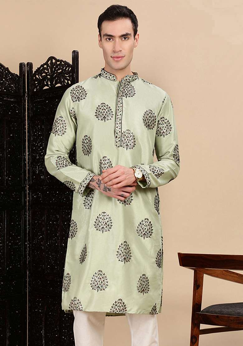 Green Sequins Polyster Kurta For Men - Indya