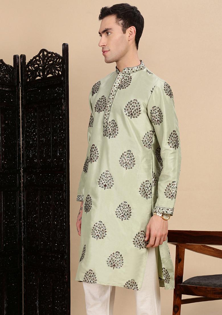 Green Sequins Polyster Kurta For Men