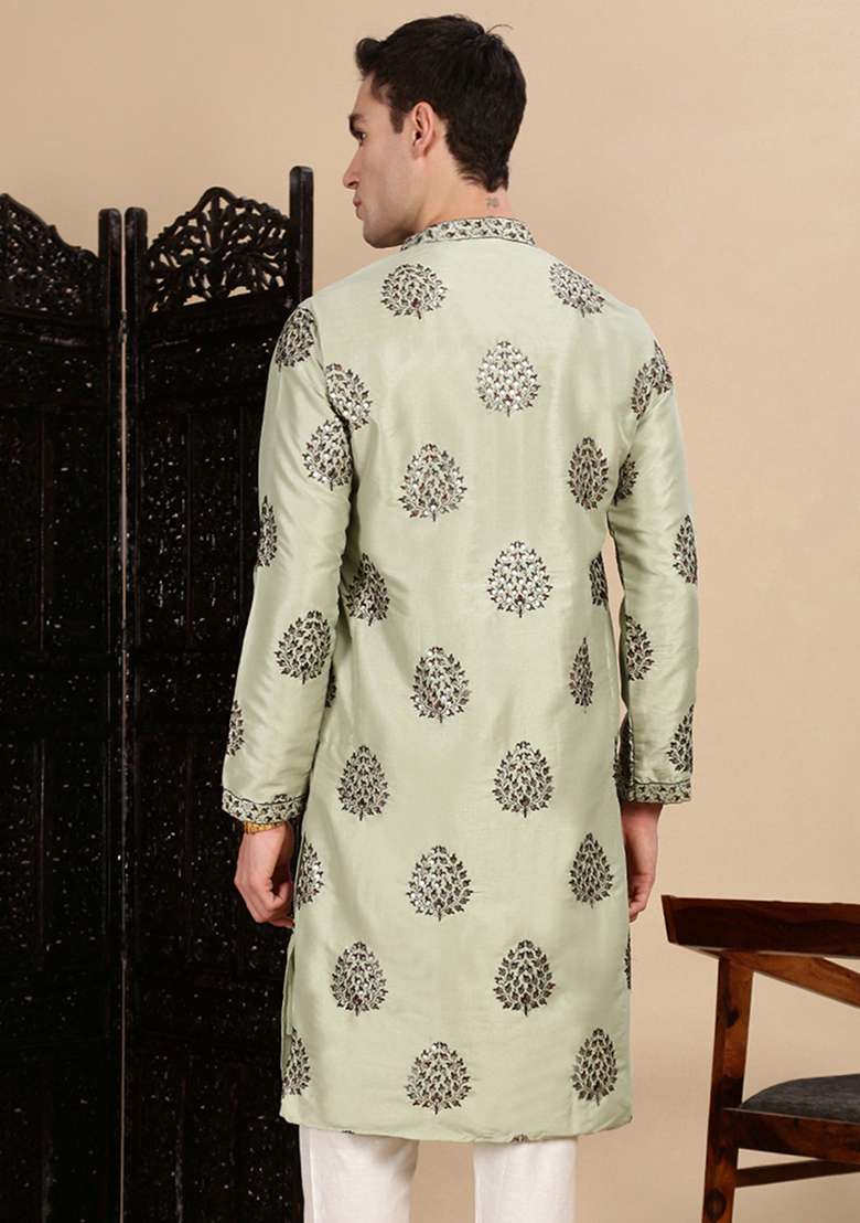 Green Sequins Polyster Kurta For Men - Indya