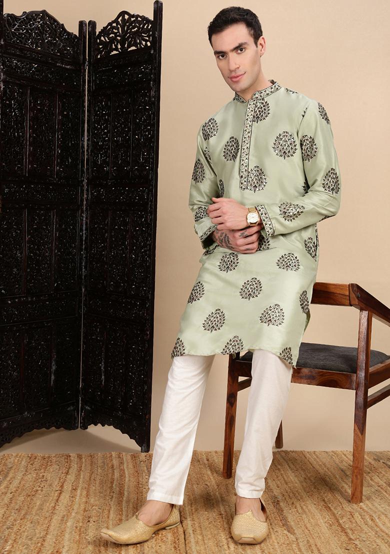 Green Sequins Polyster Kurta For Men