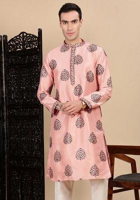 Peach Sequins Polyster Kurta For Men