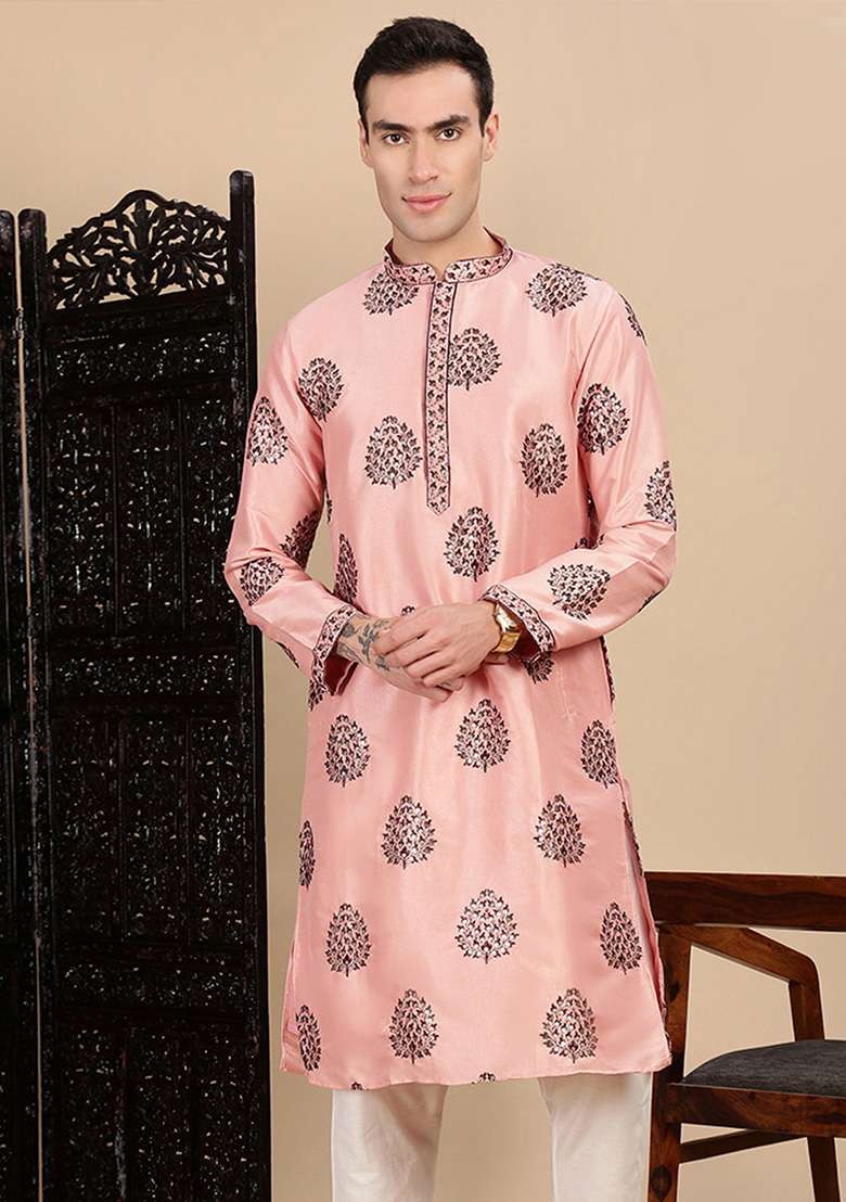 Peach Sequins Polyster Kurta For Men - Indya