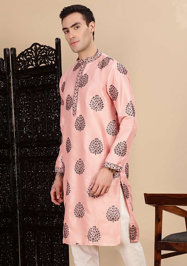 Peach Sequins Polyster Kurta For Men - Indya