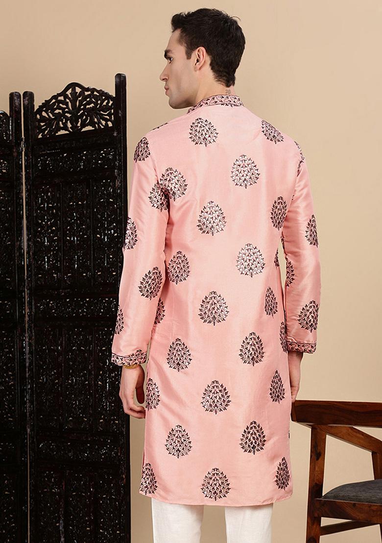 Peach Sequins Polyster Kurta For Men