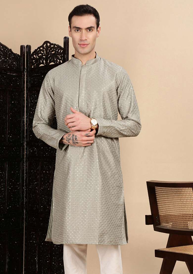 Pista Green Sequins Polyster Kurta For Men - Indya