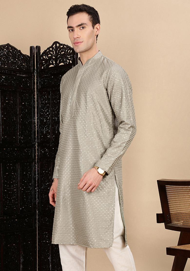Pista Green Sequins Polyster Kurta For Men