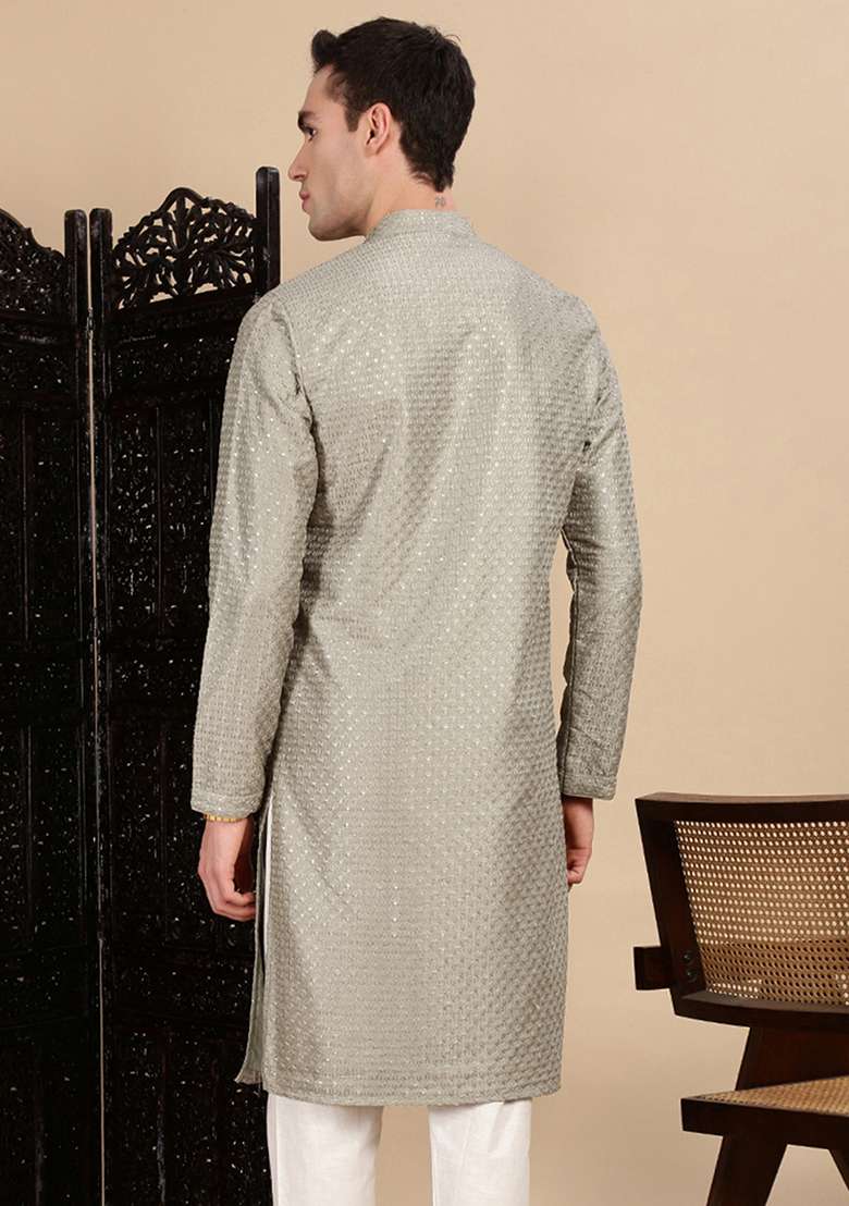 Pista Green Sequins Polyster Kurta For Men - Indya