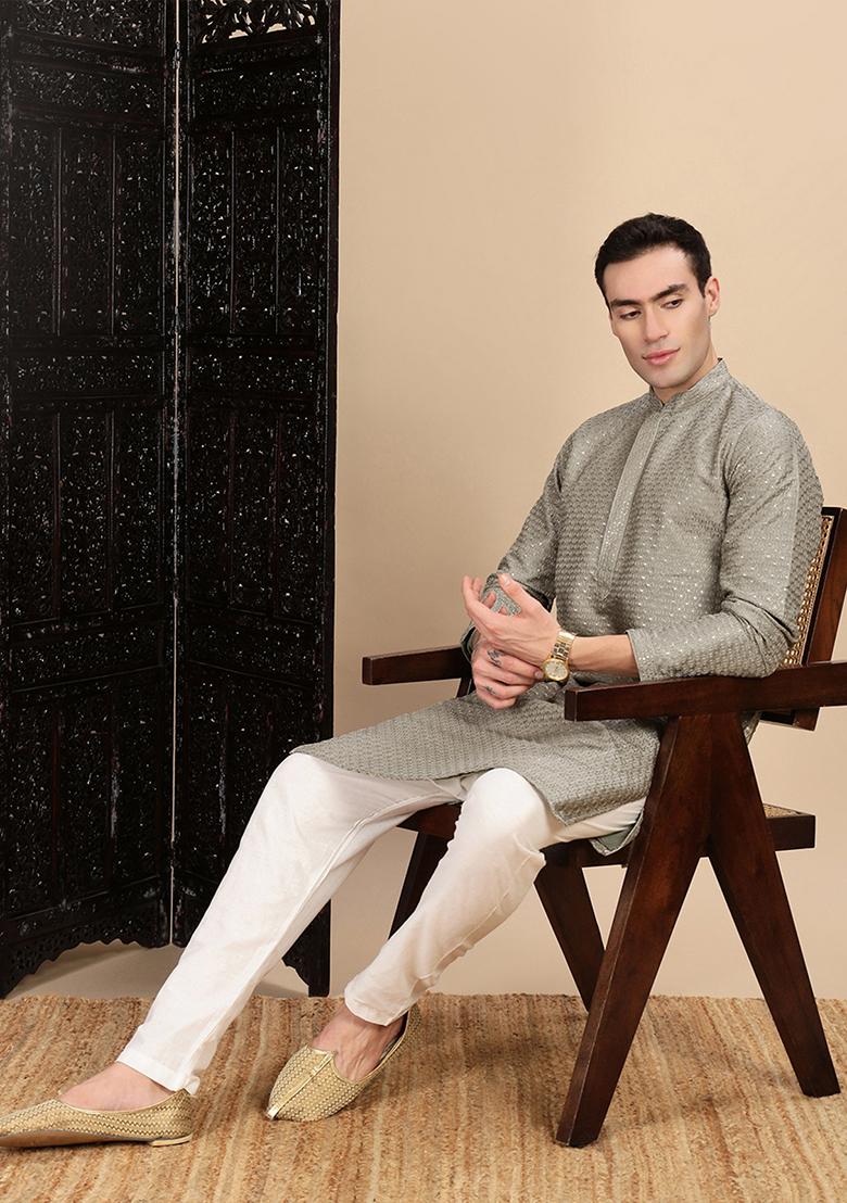 Pista Green Sequins Polyster Kurta For Men