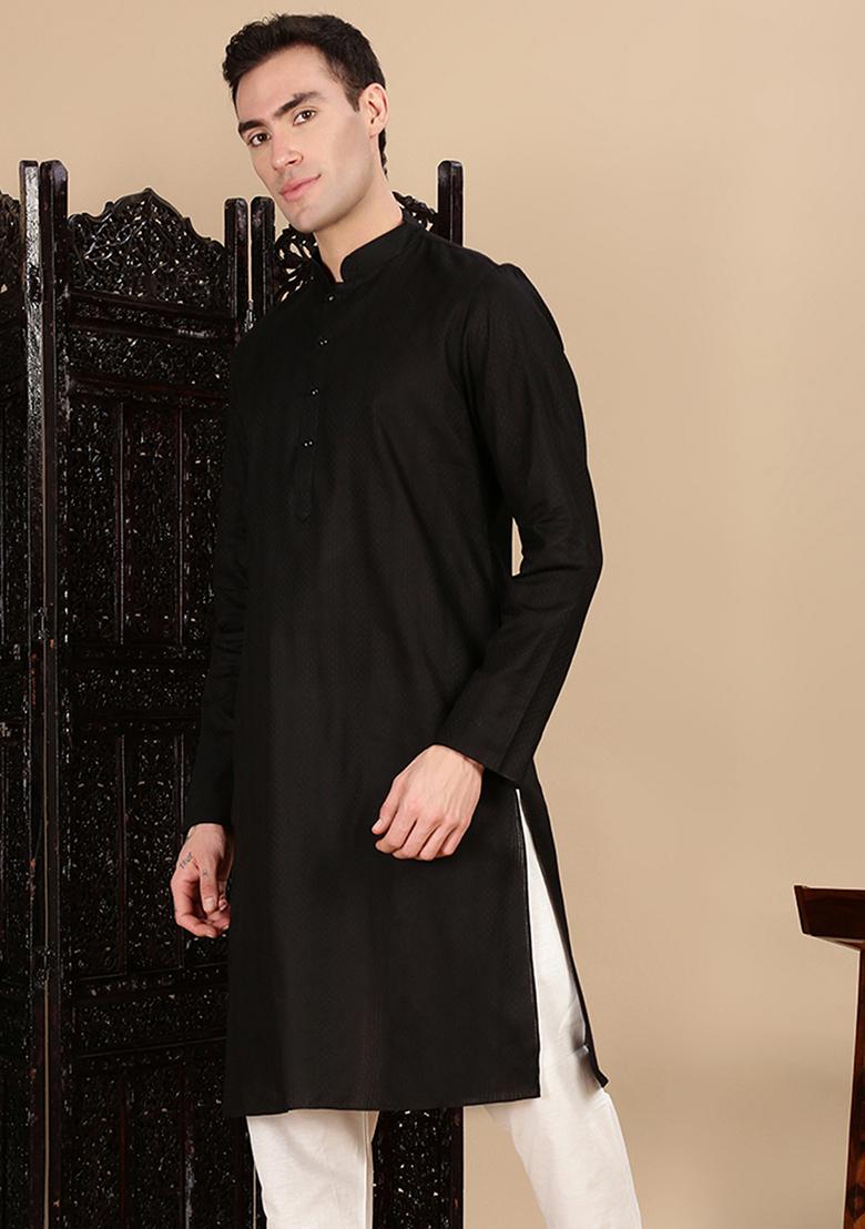 Black Textured Cotton Kurta For Men