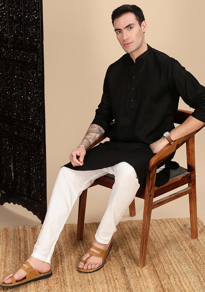 Black Textured Cotton Kurta For Men