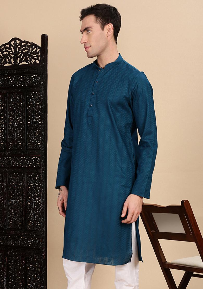 Blue Textured Cotton Kurta For Men