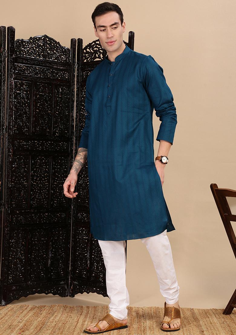 Blue Textured Cotton Kurta For Men
