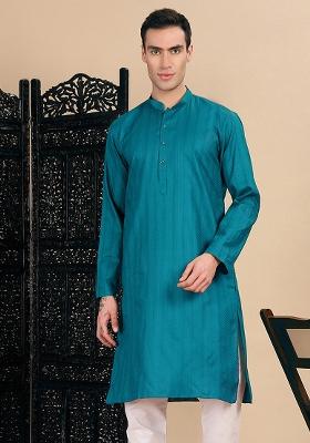 Firozi Blue Textured Cotton Kurta For Men