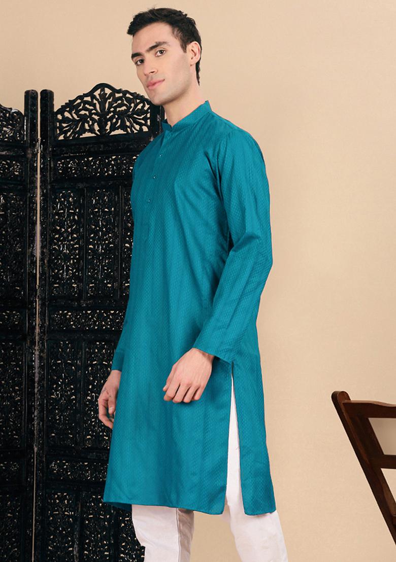 Firozi Blue Textured Cotton Kurta For Men