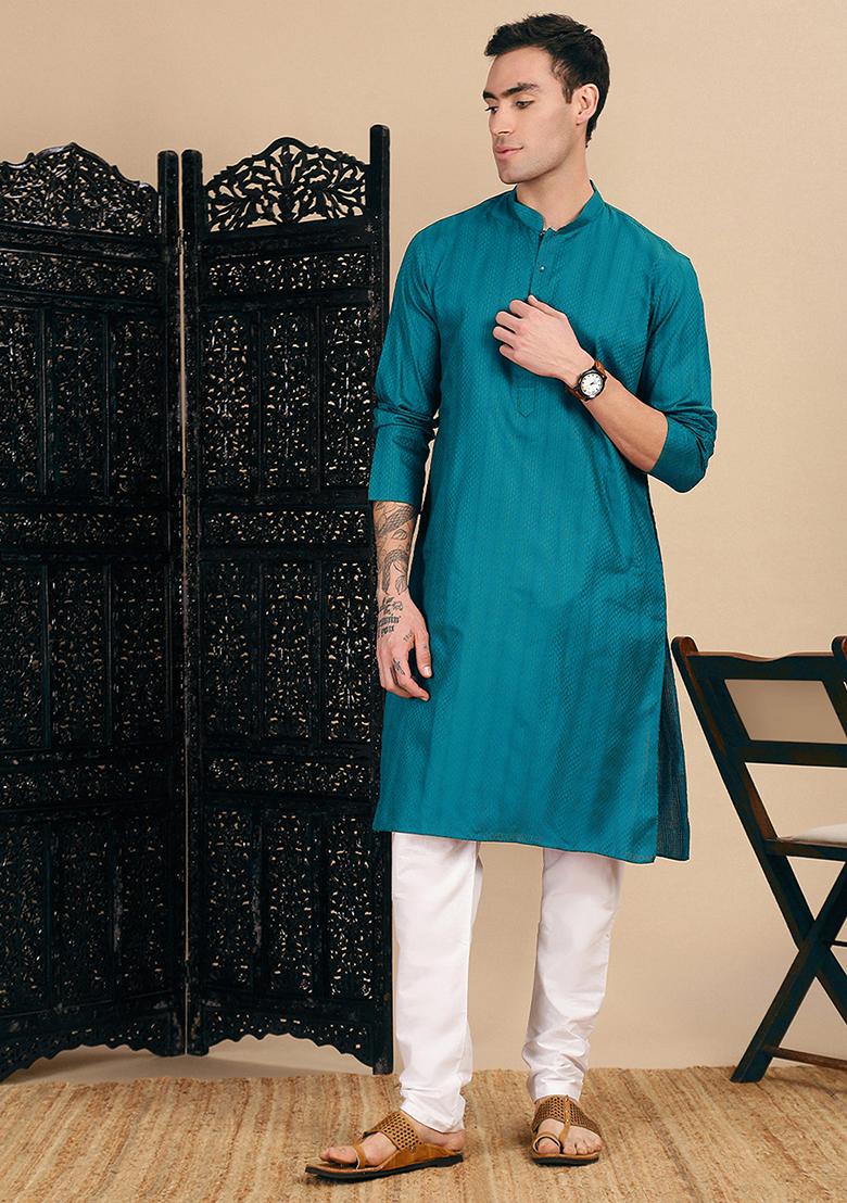 Firozi Blue Textured Cotton Kurta For Men