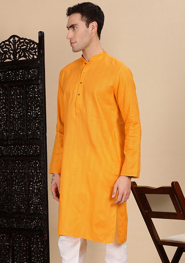 Mustard Yellow Textured Cotton Kurta For Men