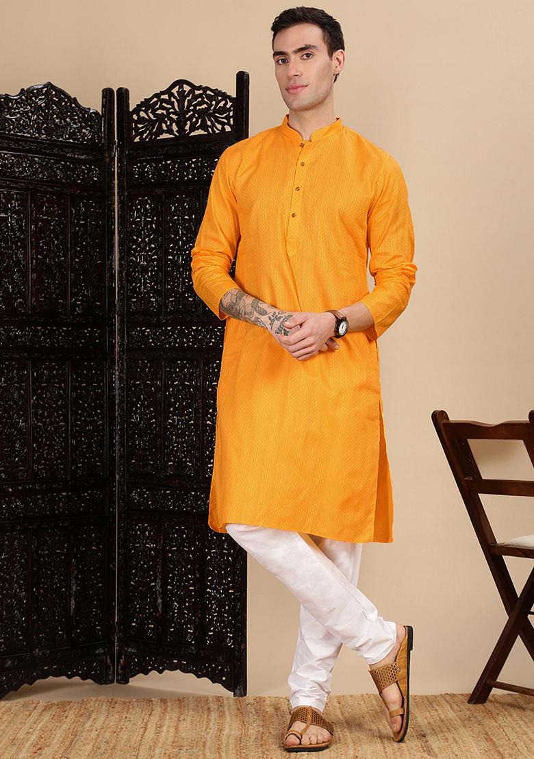 Mustard Yellow Textured Cotton Kurta For Men