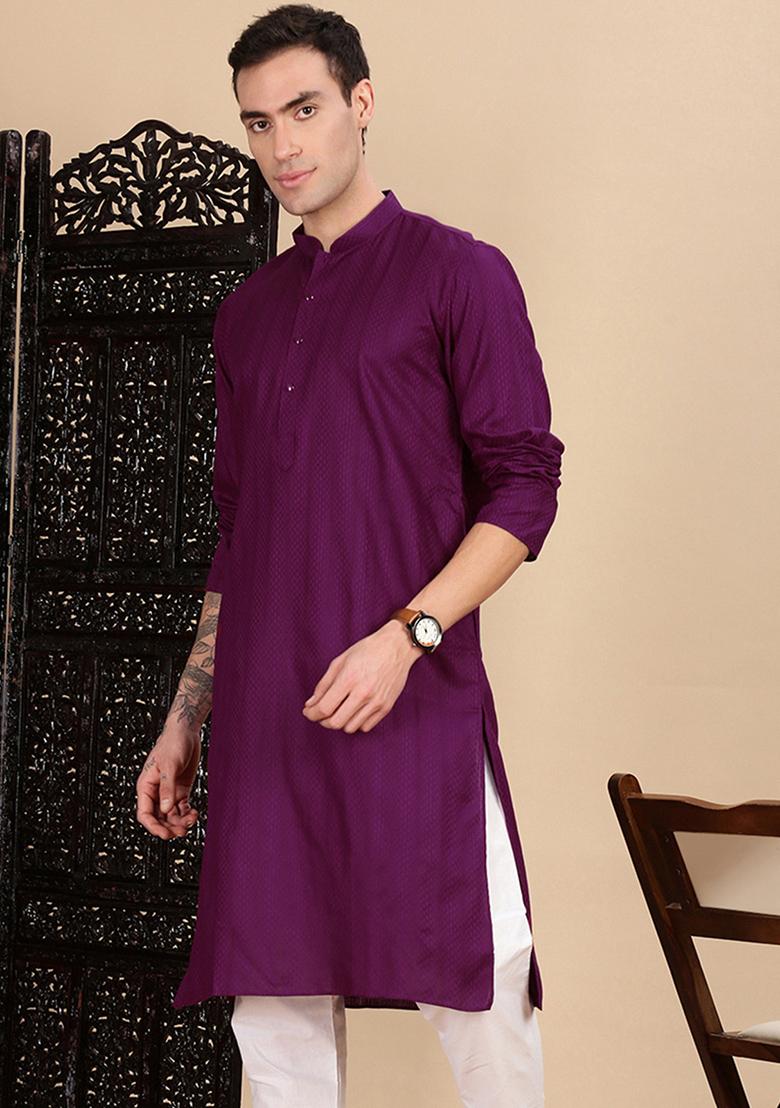 Purple Textured Cotton Kurta For Men