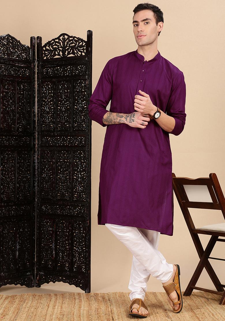 Purple Textured Cotton Kurta For Men