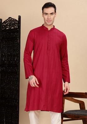 Red Textured Cotton Kurta For Men