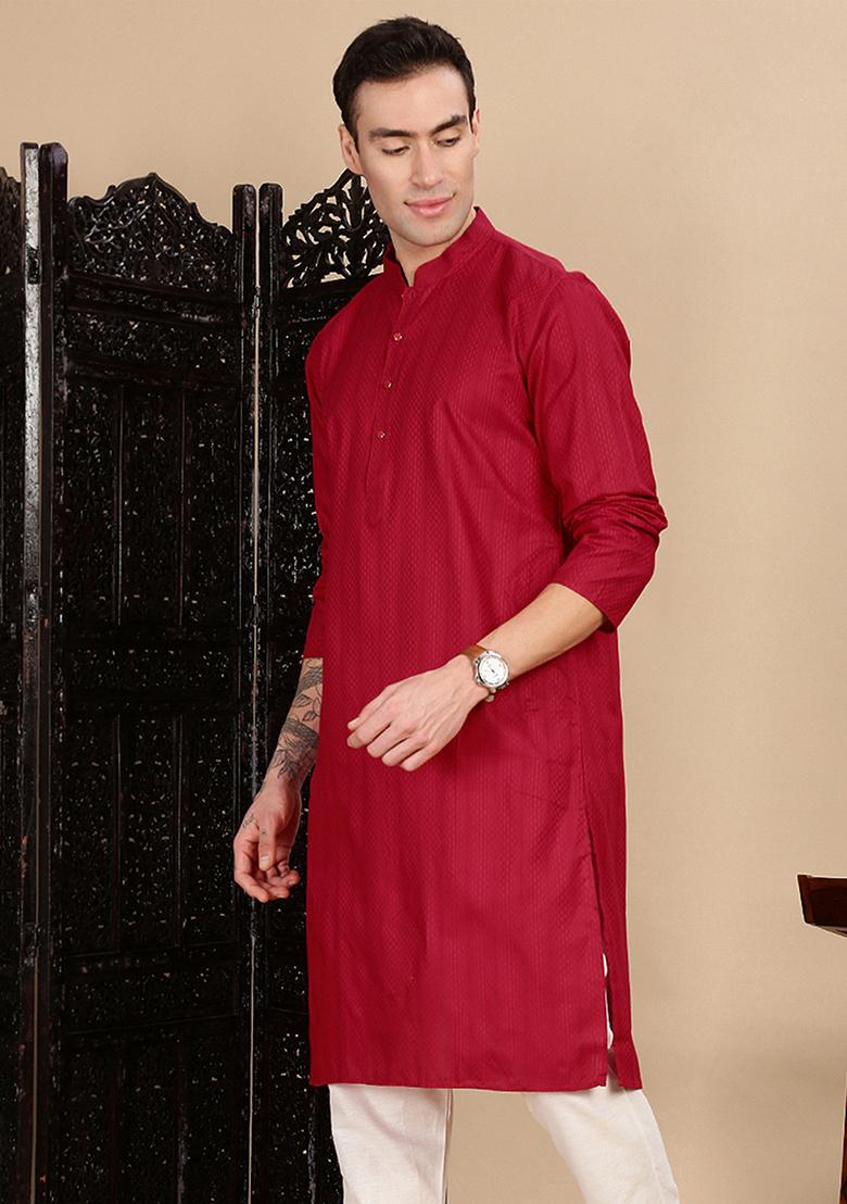 Red Textured Cotton Kurta For Men