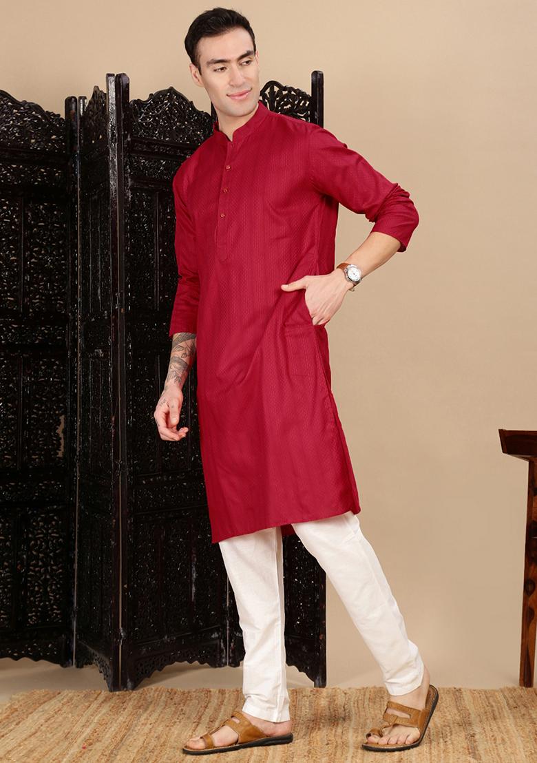 Red Textured Cotton Kurta For Men