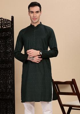 Deep Green Textured Cotton Kurta For Men