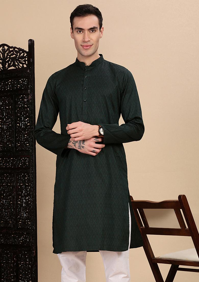 Deep Green Textured Cotton Kurta For Men