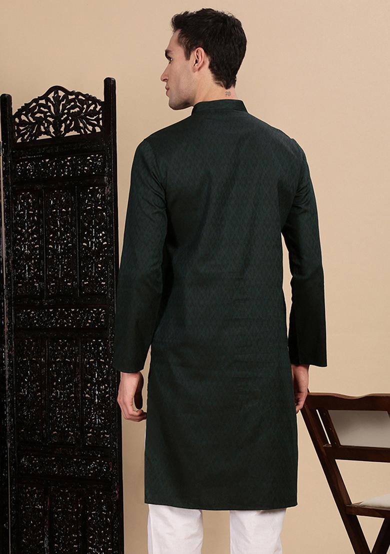 Deep Green Textured Cotton Kurta For Men