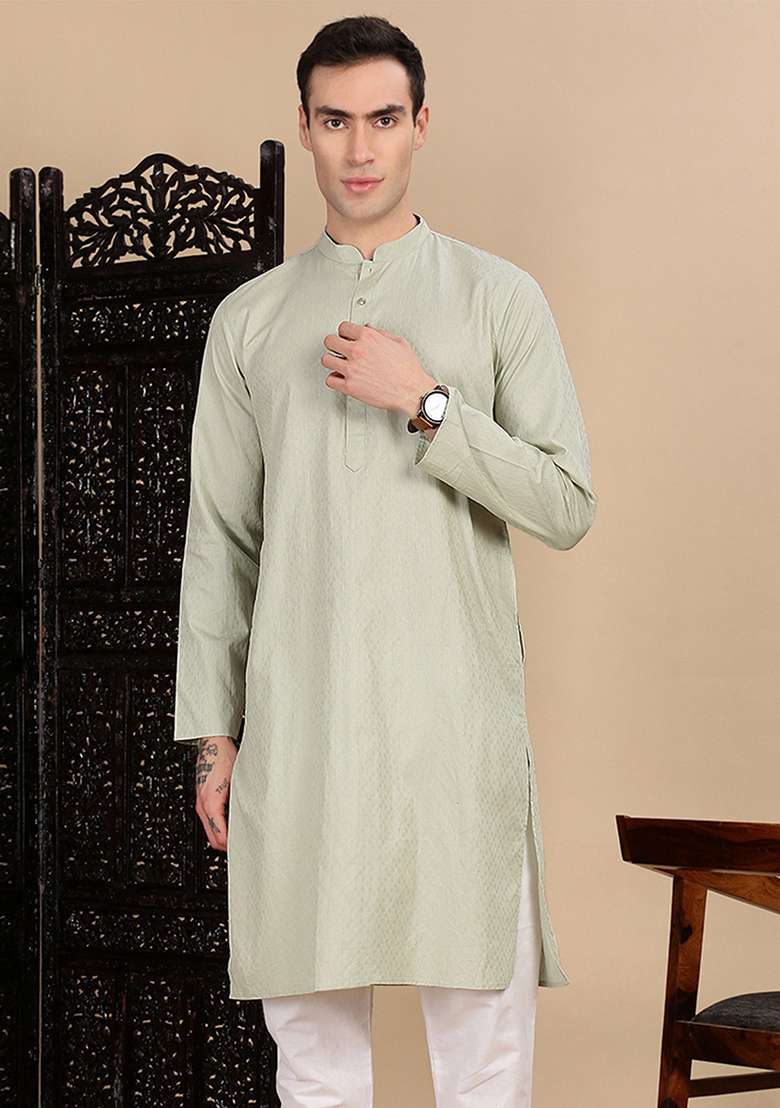 Green Textured Cotton Kurta For Men - Indya