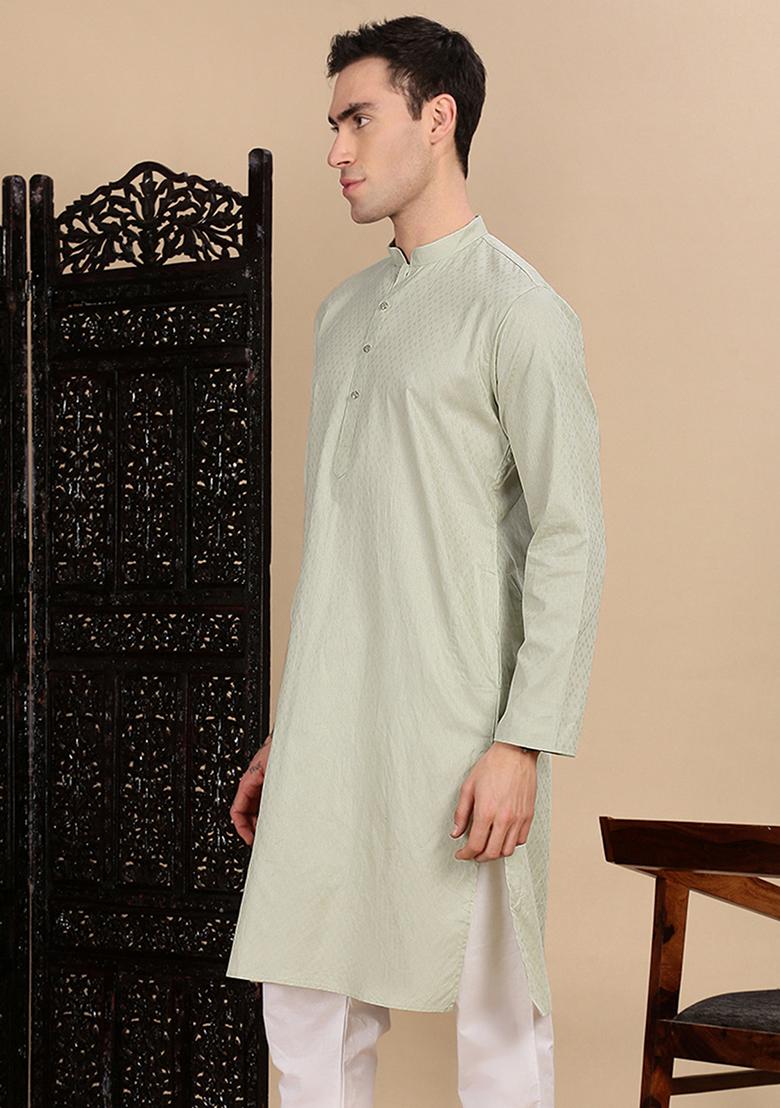 Green Textured Cotton Kurta For Men