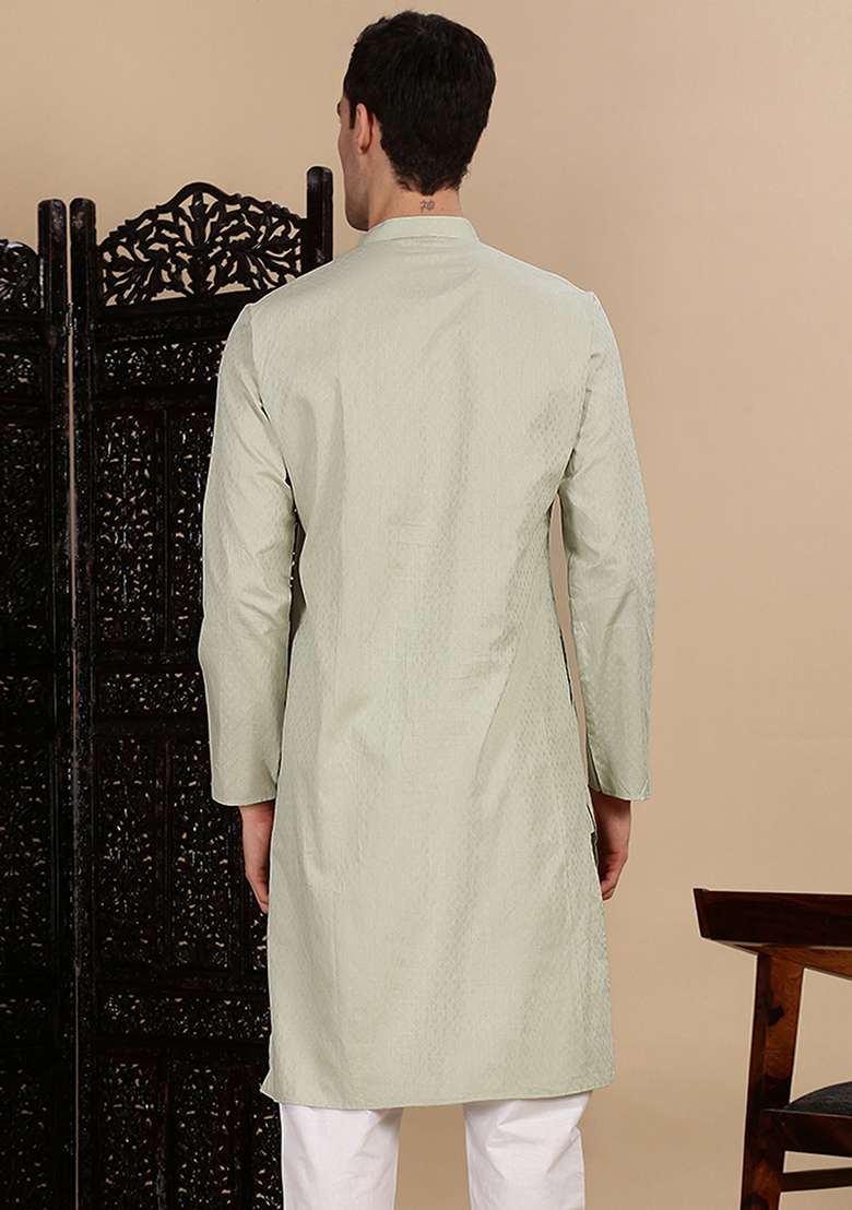 Green Textured Cotton Kurta For Men - Indya
