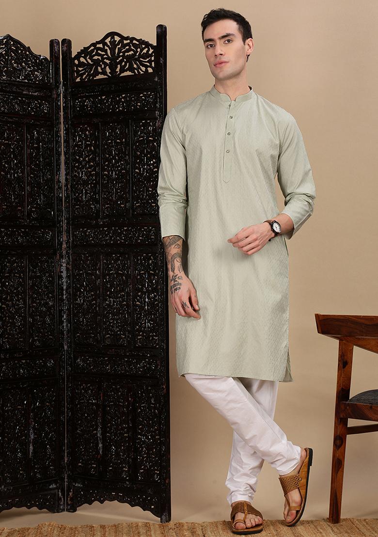 Green Textured Cotton Kurta For Men