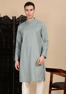 Grey Textured Cotton Kurta For Men