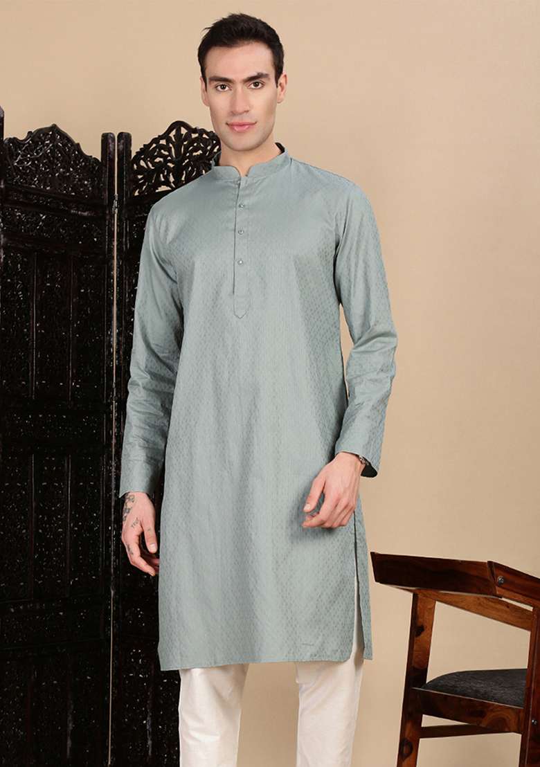 Grey Textured Cotton Kurta For Men - Indya