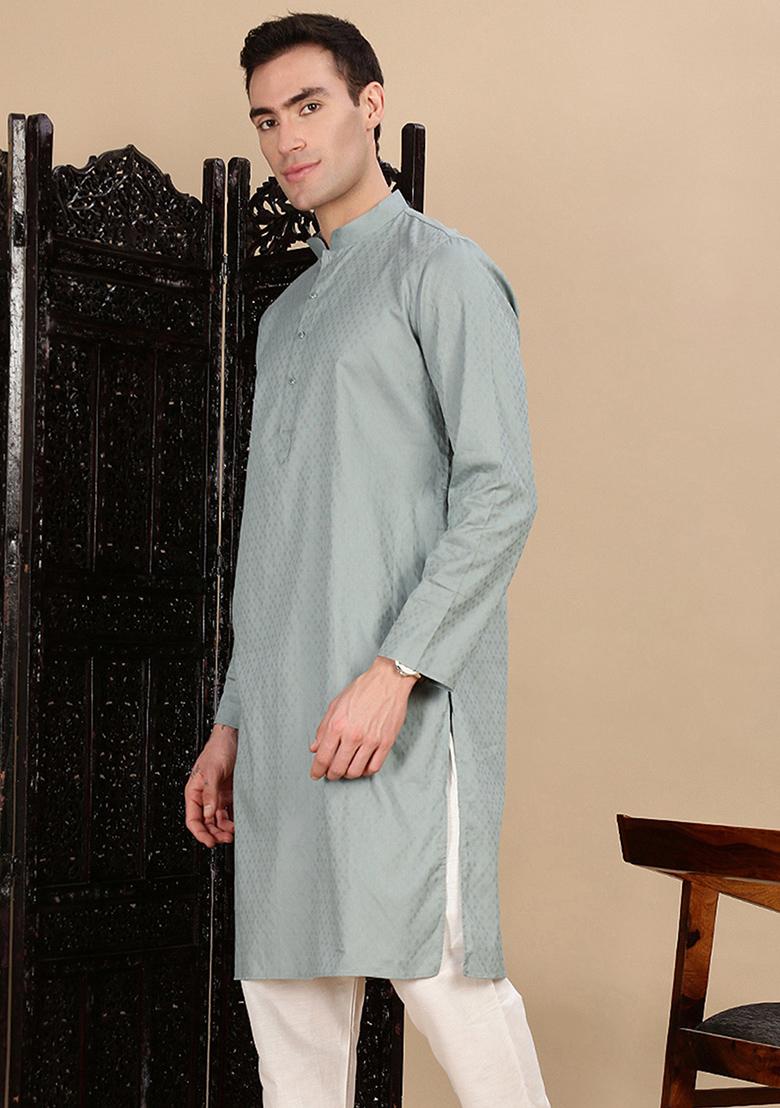 Grey Textured Cotton Kurta For Men